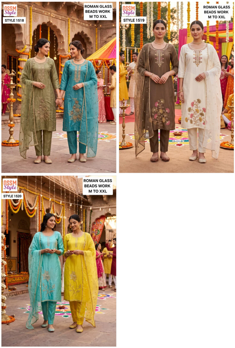 Ossm Style 1518 To 1520 Roman Glass Beads Work Kurti with Bottom & Dupatta Set - Amrah Wholesale
