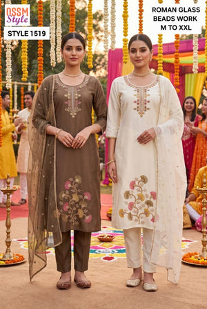 Ossm Style 1518 To 1520 Roman Glass Beads Work Kurti with Bottom & Dupatta Set - Amrah Wholesale