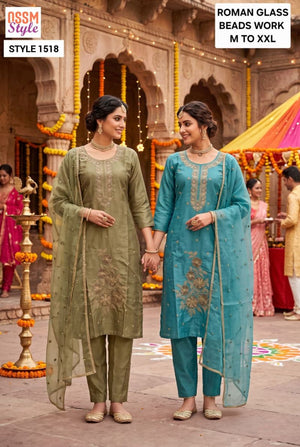 Ossm Style 1518 To 1520 Roman Glass Beads Work Kurti with Bottom & Dupatta Set - Amrah Wholesale