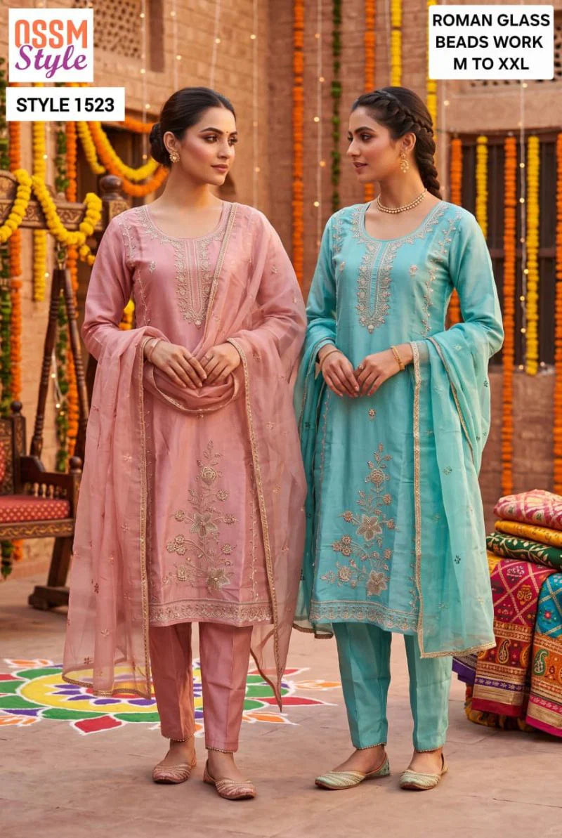 Ossm Style 1522 And 1523 Roman Glass Beads Work Kurti with Bottom & Dupatta Set