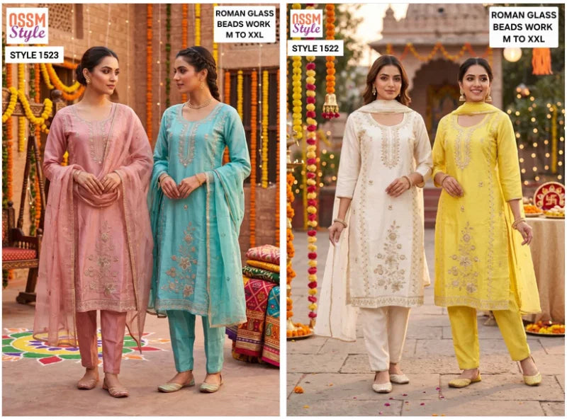 Ossm Style 1522 And 1523 Roman Glass Beads Work Kurti with Bottom & Dupatta Set