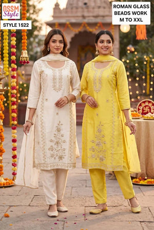 Ossm Style 1522 And 1523 Roman Glass Beads Work Kurti with Bottom & Dupatta Set - Amrah Wholesale