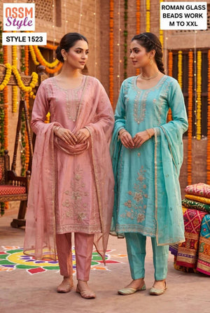 Ossm Style 1522 And 1523 Roman Glass Beads Work Kurti with Bottom & Dupatta Set - Amrah Wholesale
