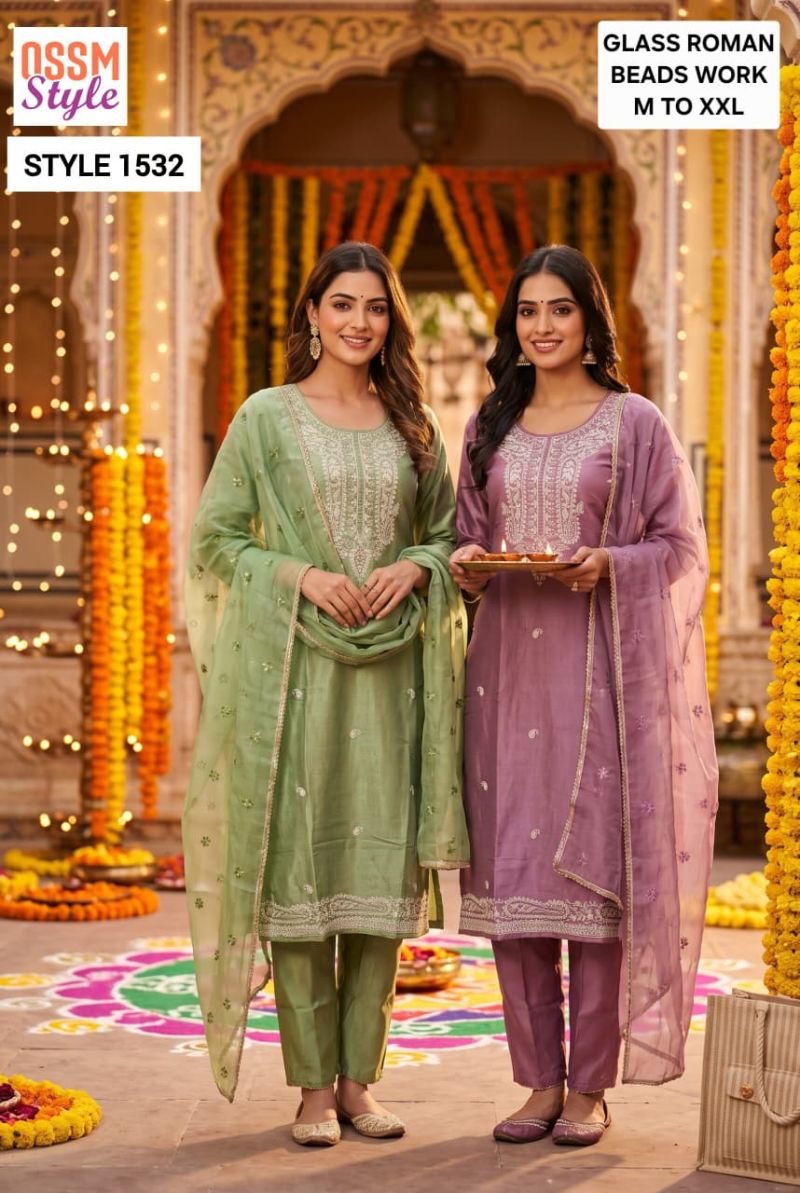 Ossm Style 1532 Viscose Roman Glass Hand Work Kurti Pant Dupatta Set
