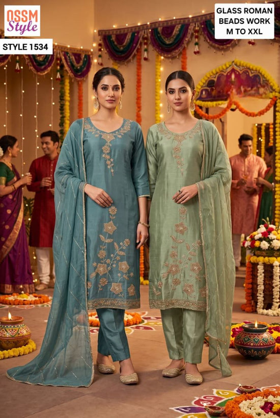 Ossm Style 1534 Viscose Roman Glass Kurti Pant Dupatta Set