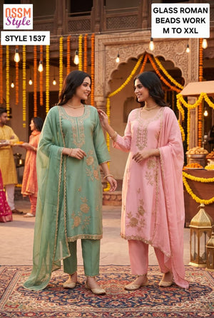Ossm Style 1537 Viscose Roman Glass Kurti Pant Dupatta Set
