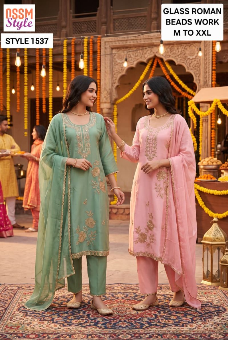 Ossm Style 1537 Viscose Roman Glass Kurti Pant Dupatta Set