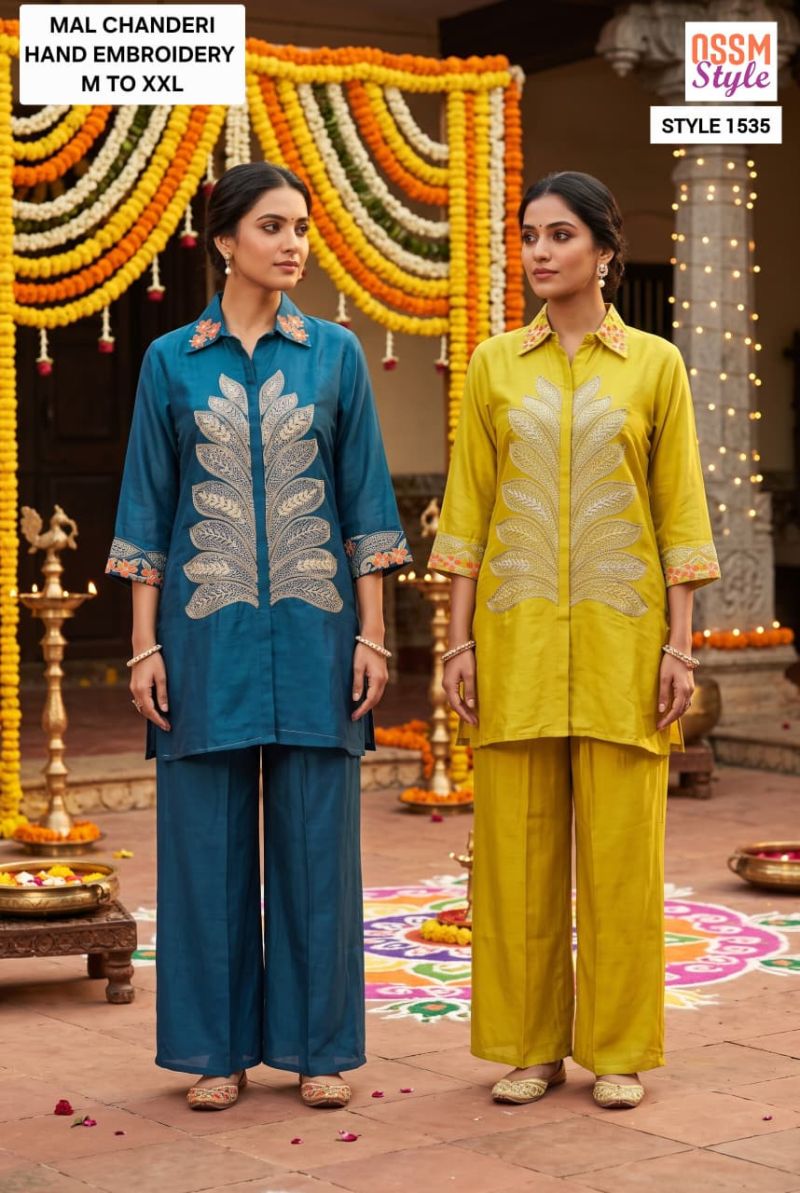 Ossm Style 1535 Mul Chanderi Hand Embroidered Heavy Co-Ord Set Collection
