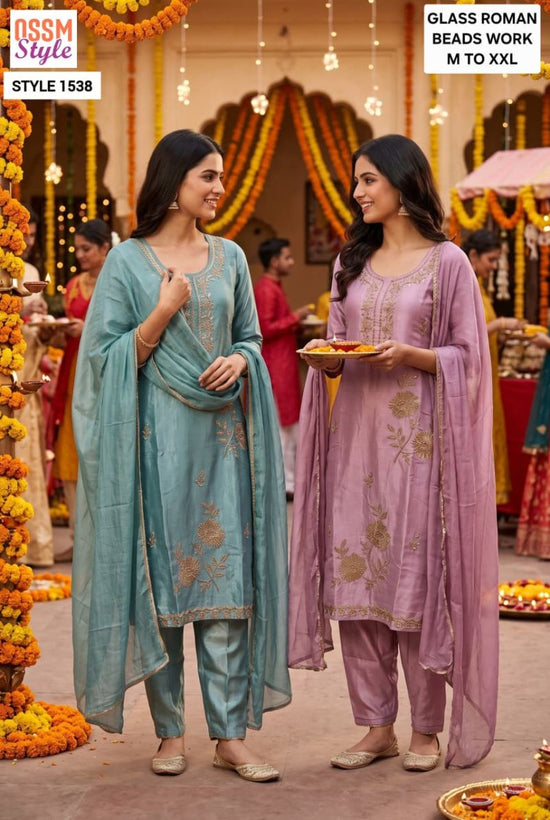Ossm Style 1538 Viscose Roman Glass Kurti Pant Dupatta Set