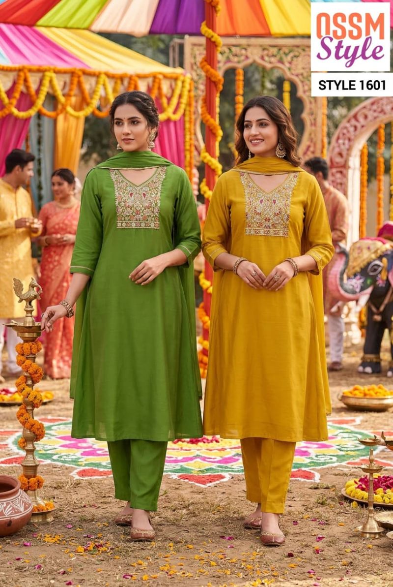 Ossm Style 1601 Plus Size Viscose Mul Chanderi Kurti Pant Dupatta Set