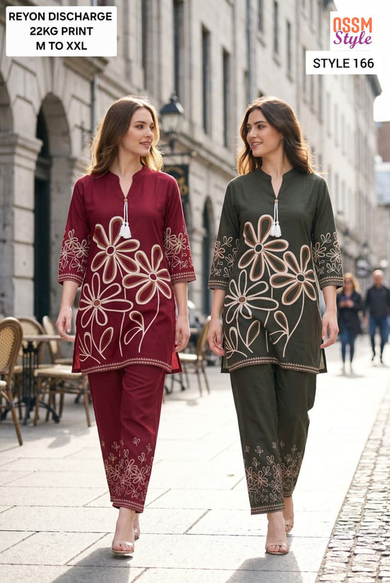 Ossm Style 166 Rayon Digital Discharge Print Kurti Pant Set - Amrah Wholesale