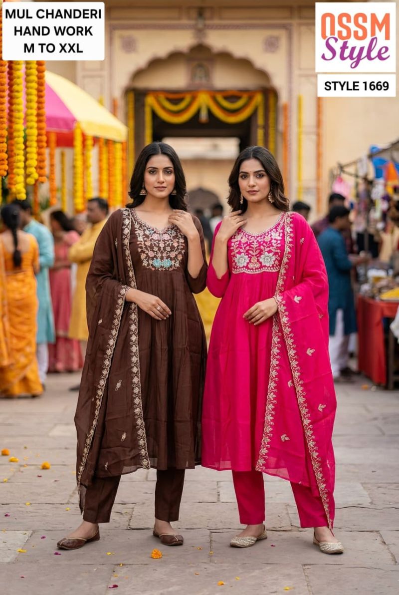 Ossm Style 1669 Mul Chanderi Hand Work Kurti Pant Dupatta Set - Amrah Wholesale