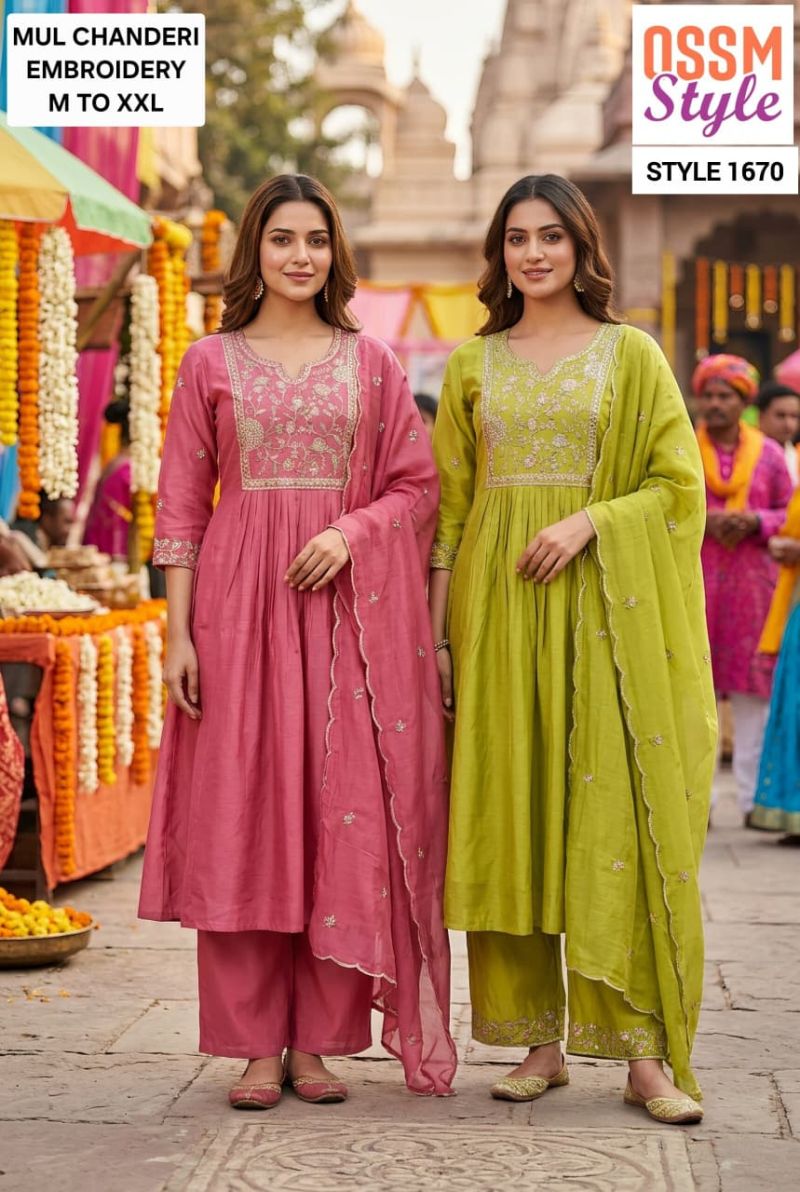 Ossm Style 1670 Mul Chanderi Embroidered Kurti Pant Dupatta Set