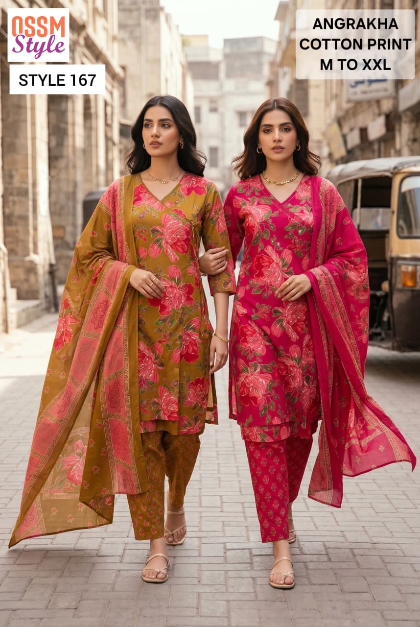 Ossm Style 167 Cotton Print Angrakha Pattern Kurti Pant Dupatta Set
