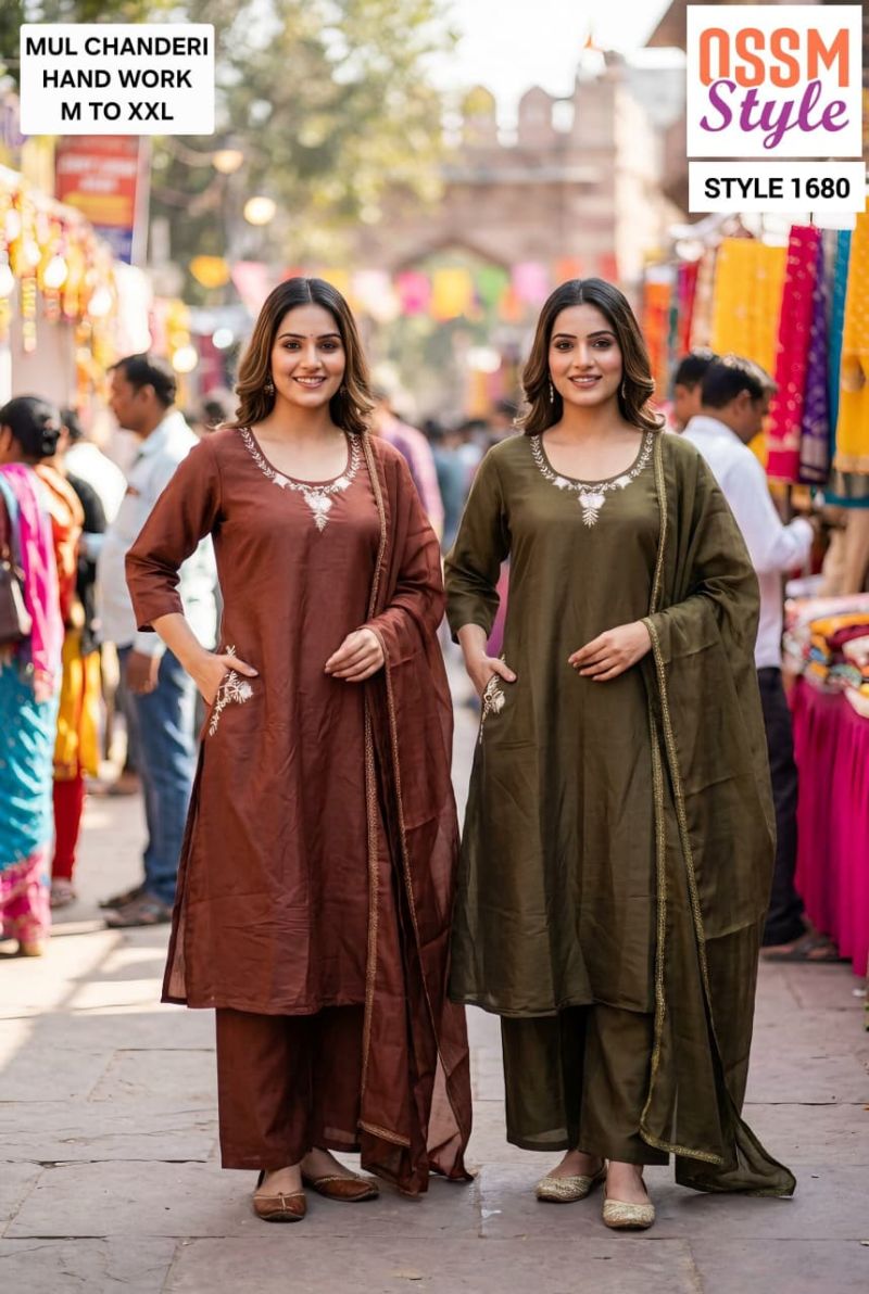 Ossm Style 1680 And 1754 Mul Chanderi Hand Work Kurti Pant Dupatta Set