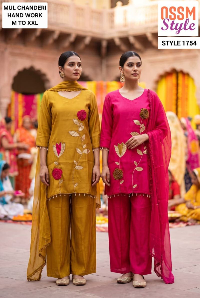 Ossm Style 1680 And 1754 Mul Chanderi Hand Work Kurti Pant Dupatta Set