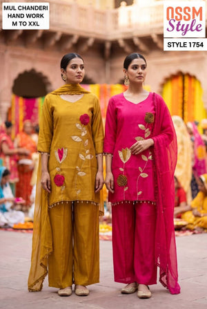 Ossm Style 1680 And 1754 Mul Chanderi Hand Work Kurti Pant Dupatta Set