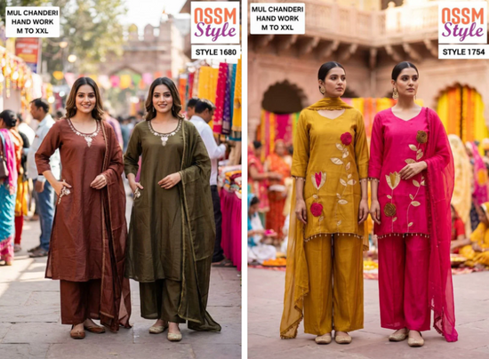Ossm Style 1680 And 1754 Mul Chanderi Hand Work Kurti Pant Dupatta Set