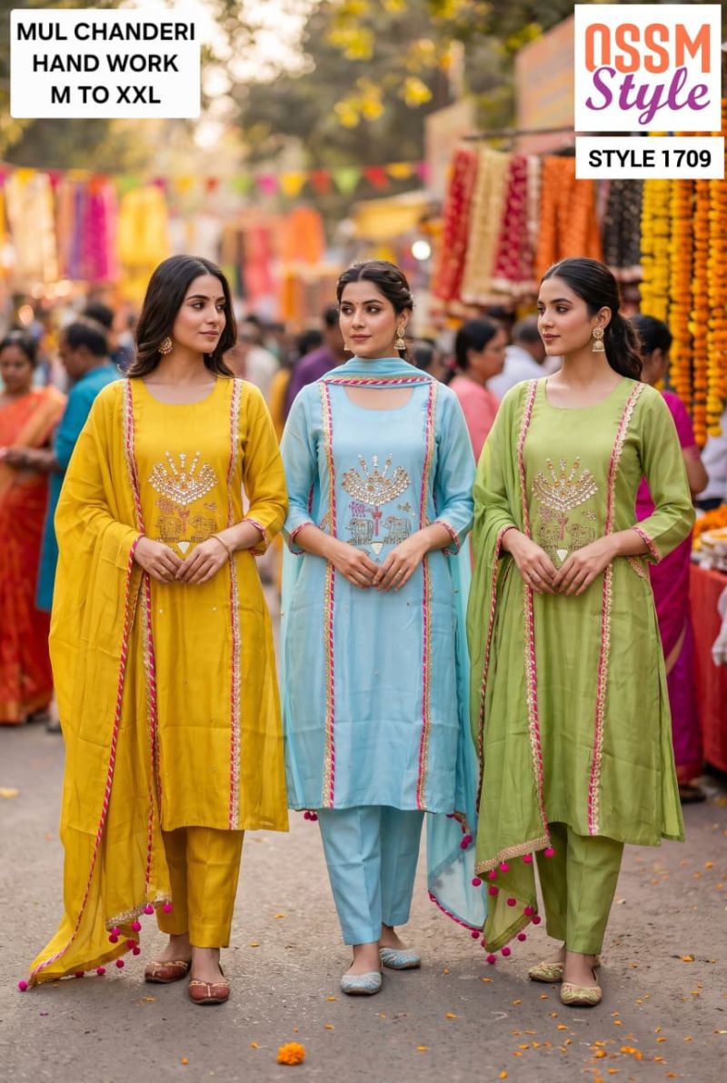 Ossm Style 1709 Mul Chanderi Hand Work Kurti Pant Dupatta Set