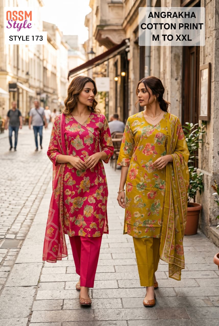 Ossm Style 173 Cotton Printed Angrakha Kurti Pant Dupatta Set - Amrah Wholesale