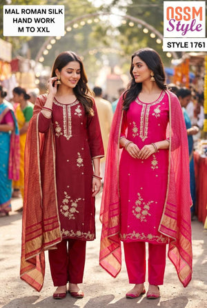 Ossm Style 1761 And 1762 Mal Roman Silk Kurti Pant Dupatta Set