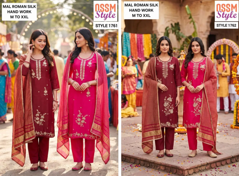 Ossm Style 1761 And 1762 Mal Roman Silk Kurti Pant Dupatta Set