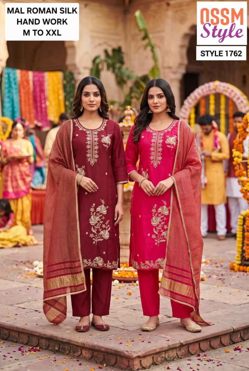 Ossm Style 1761 And 1762 Mal Roman Silk Kurti Pant Dupatta Set