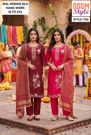 Ossm Style 1761 And 1762 Mal Roman Silk Kurti Pant Dupatta Set