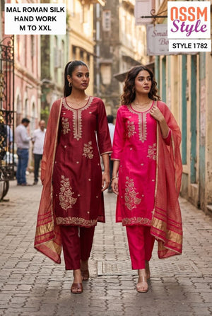 Ossm Style 1782 Mal Roman Silk Kurti Pant Dupatta Set