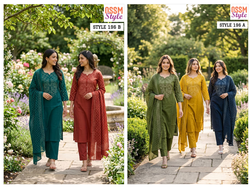 Ossm Style 196 A And B Cotton Kurti Pant Dupatta Set - Amrah Wholesale