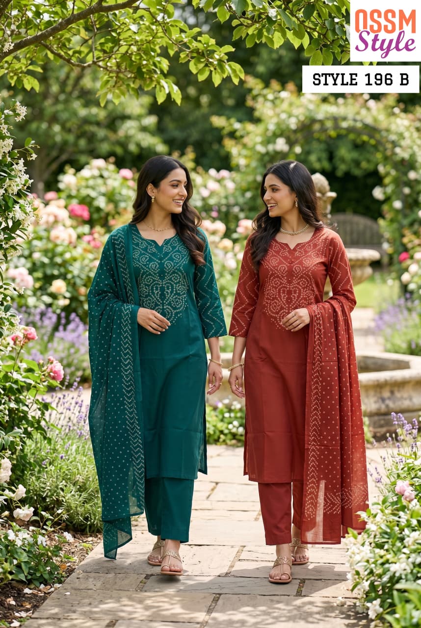 Ossm Style 196 A And B Cotton Kurti Pant Dupatta Set - Amrah Wholesale