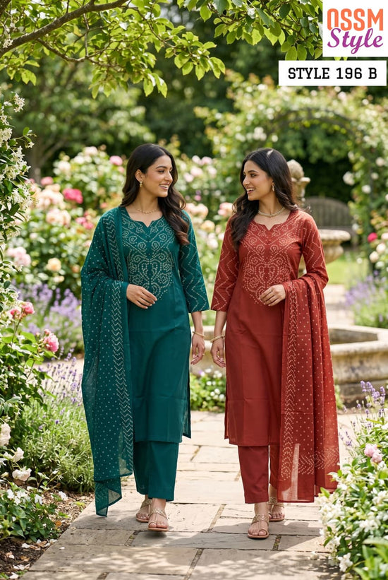 Ossm Style 196 A And B Cotton Kurti Pant Dupatta Set - Amrah Wholesale