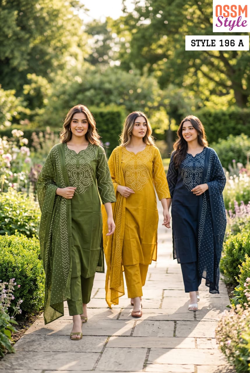 Ossm Style 196 A And B Cotton Kurti Pant Dupatta Set - Amrah Wholesale
