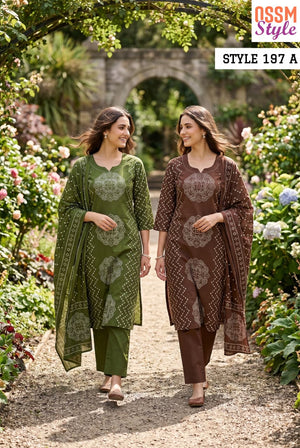 Ossm Style 197 A And B Cotton Kurti Pant Dupatta Set - Amrah Wholesale