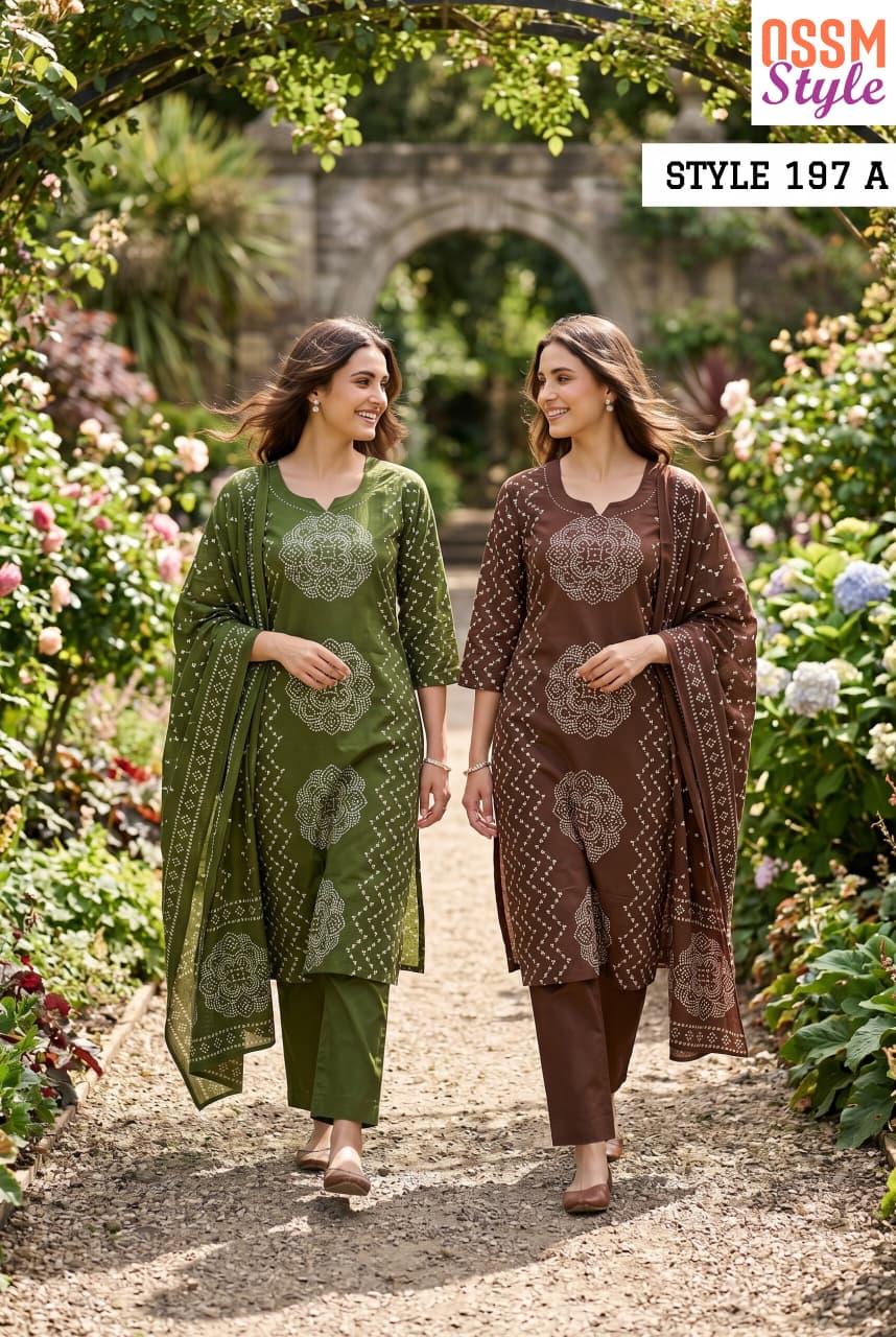 Ossm Style 197 A And B Cotton Kurti Pant Dupatta Set - Amrah Wholesale
