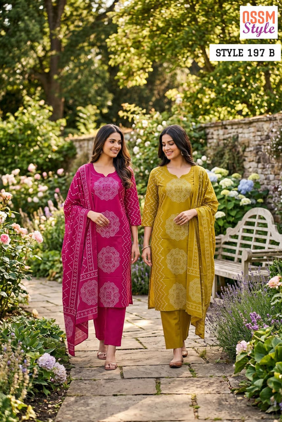 Ossm Style 197 A And B Cotton Kurti Pant Dupatta Set - Amrah Wholesale
