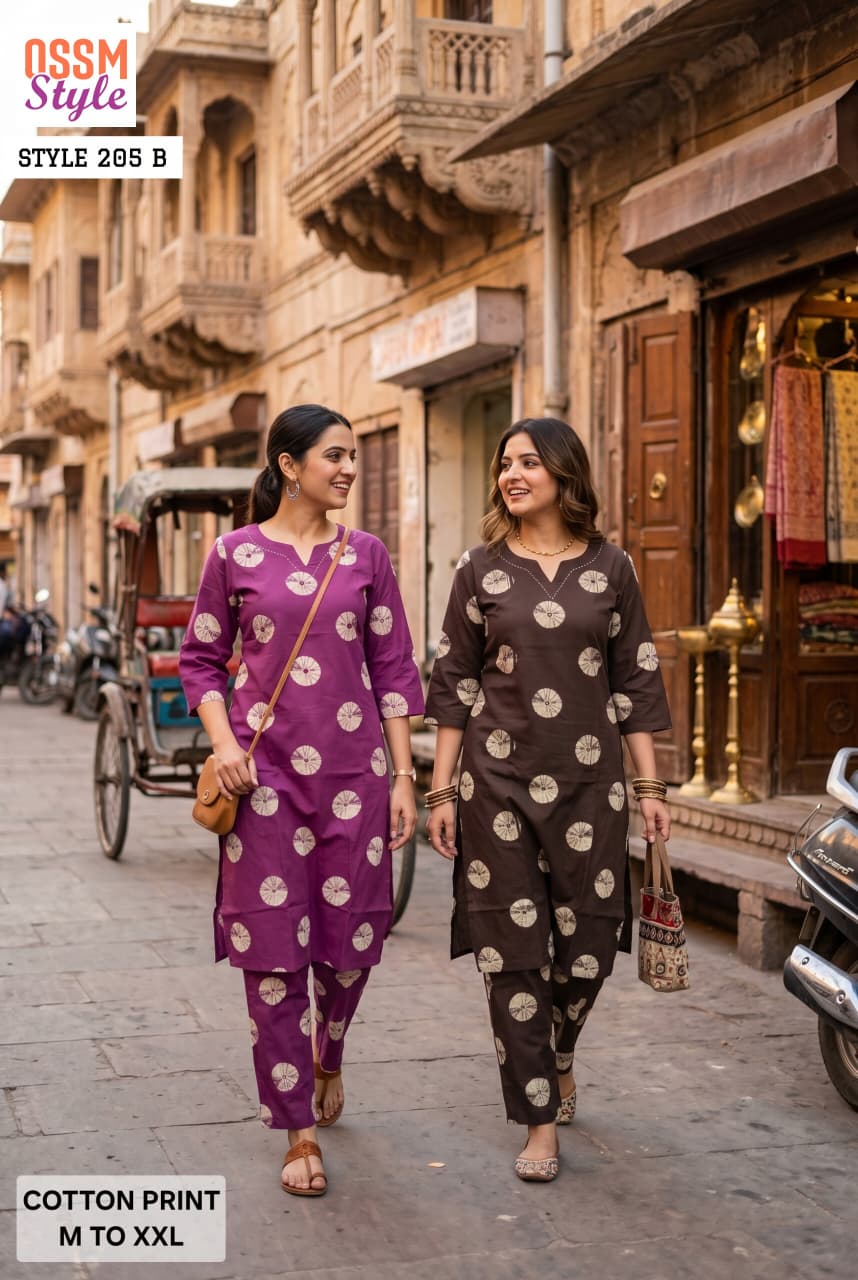 Ossm Style 205 A And B Cotton Printed Kurti Pant Set
