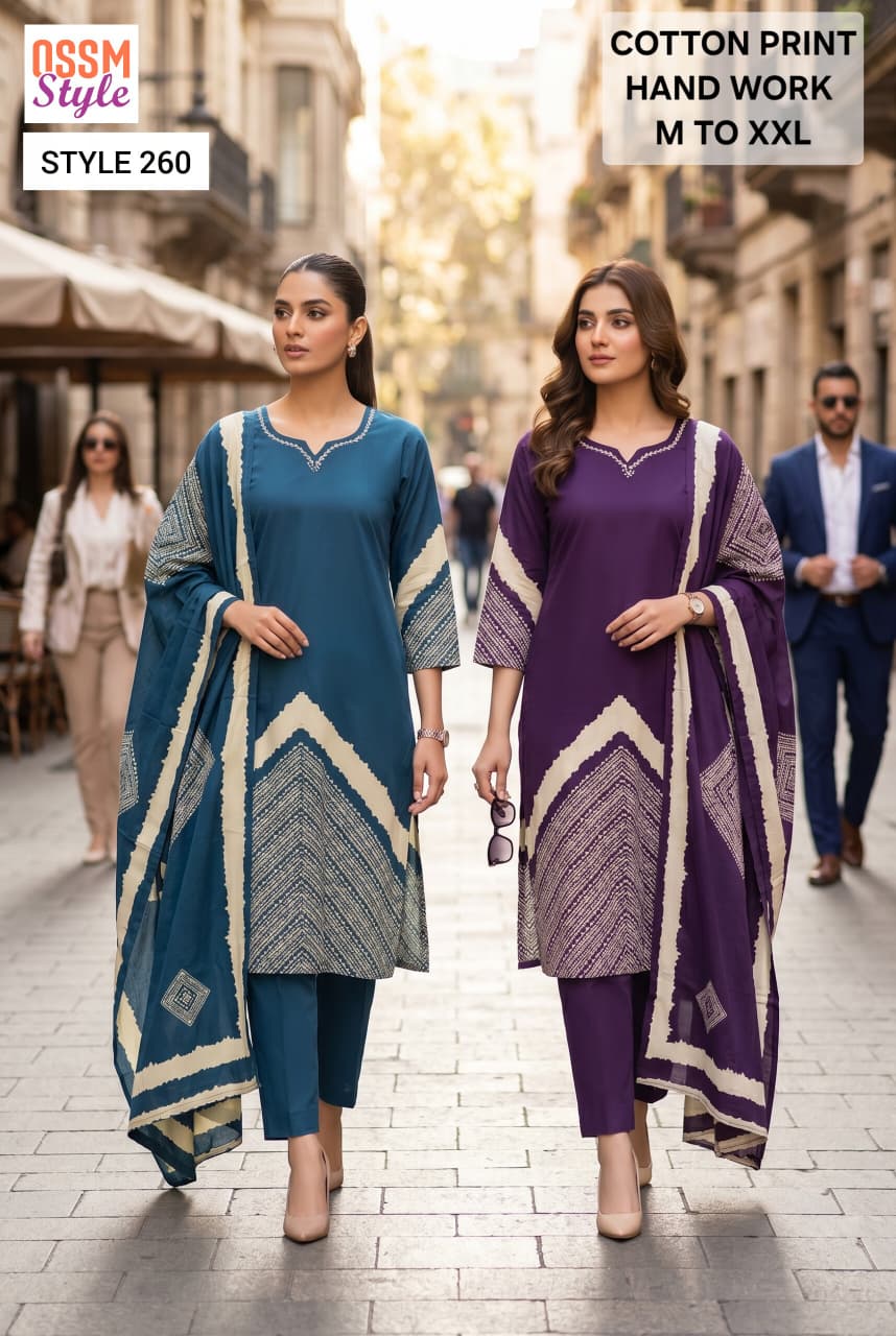 Ossm Style 260 Cotton Printed Handwork Kurti Bottom Dupatta Set - Amrah Wholesale