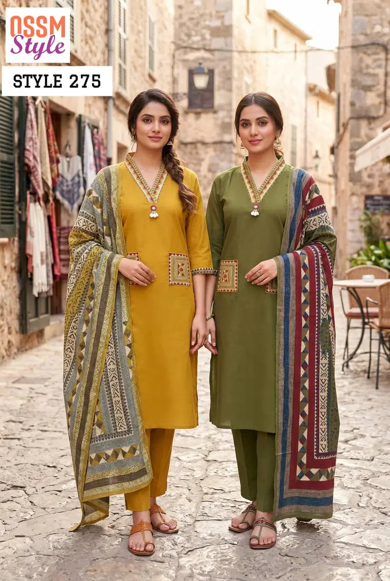 Ossm Style 275 Premium Dhabu Cotton Embroidered Kurti Pant Dupatta Set