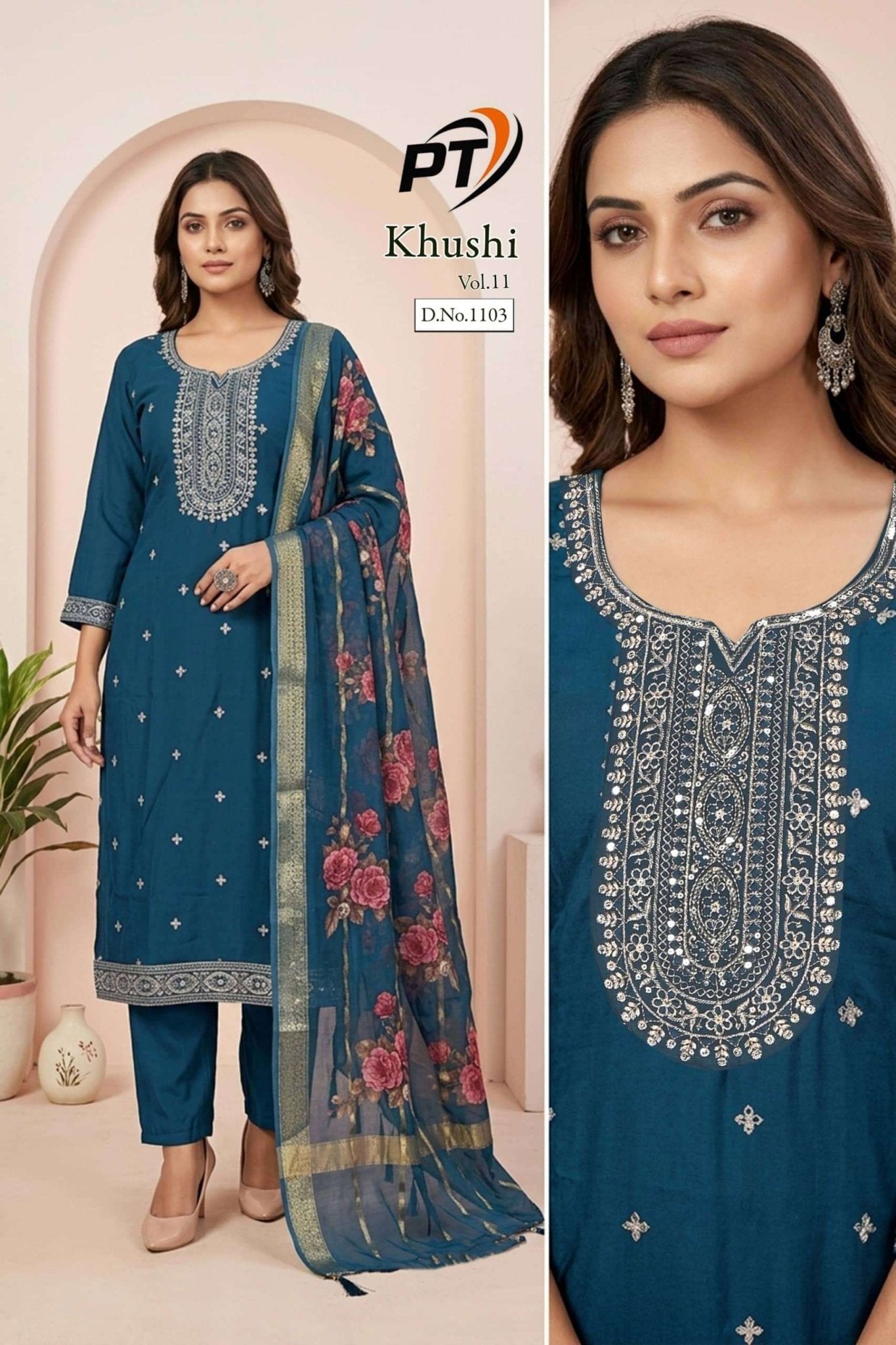 Padmavati Textiles Khushi Vol 11 Roman Silk Kurti Pant Dupatta Set - Amrah Wholesale