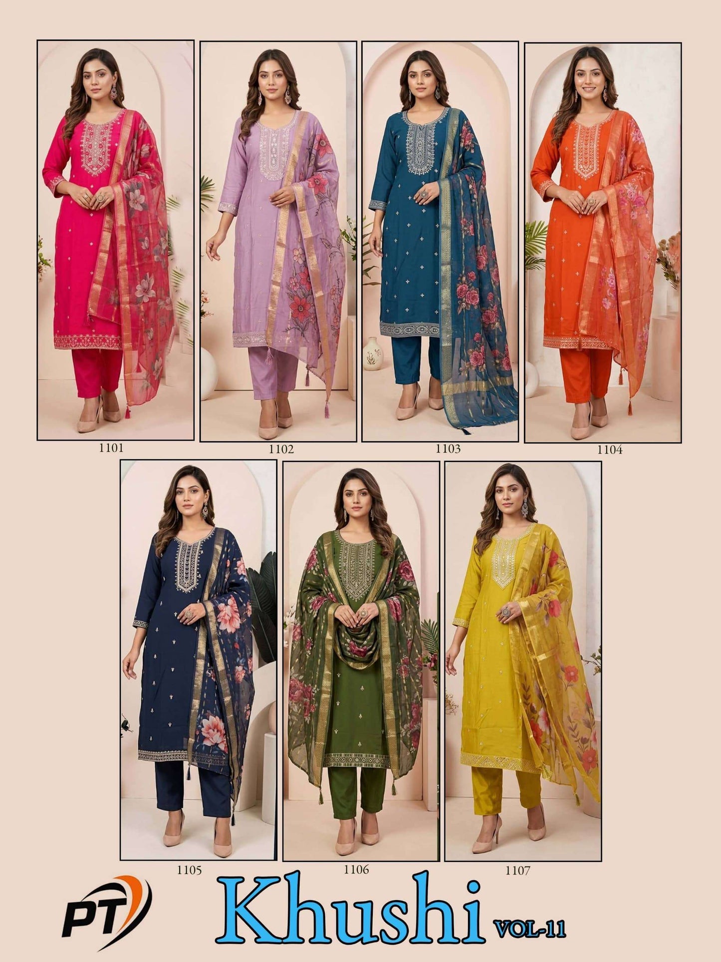 Padmavati Textiles Khushi Vol 11 Roman Silk Kurti Pant Dupatta Set