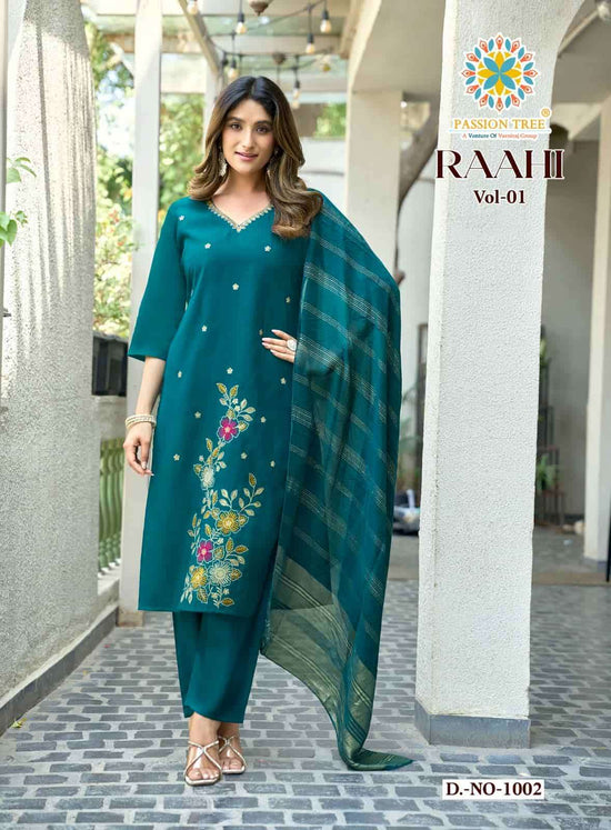 Passion Tree Raahi Vol 1 Roman Silk Kurti Pant Dupatta Set - Amrah Wholesale