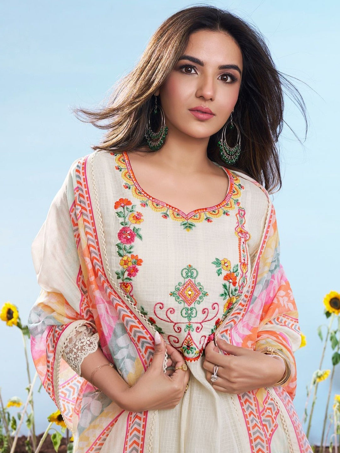 Amrah Wholesale Pavitra 001 Cotton Checks Embroidered Kurti Pant Dupatta Set