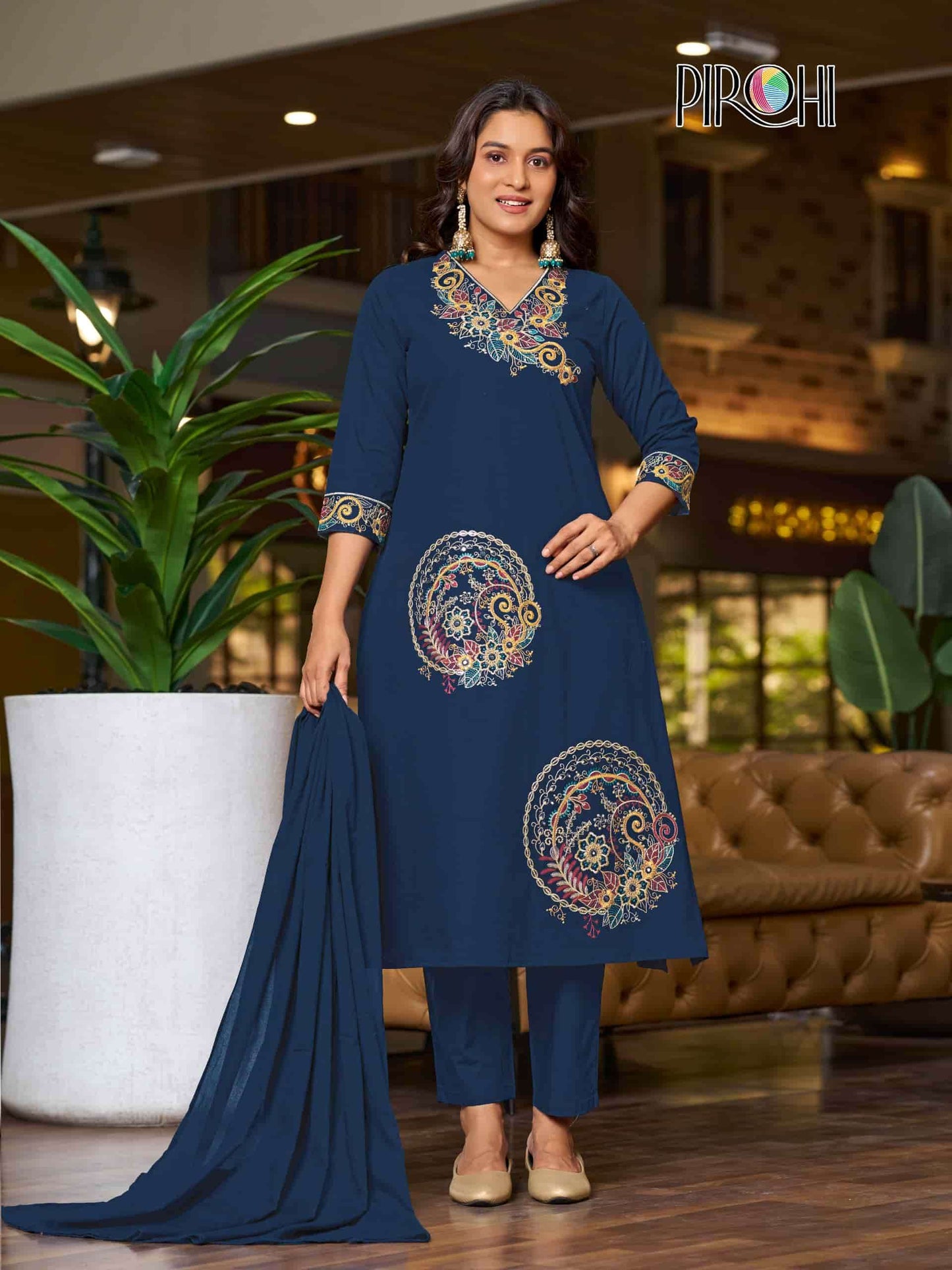 Pirohi Mahek Pure Cotton Embroidered Kurti Pant Dupatta Set