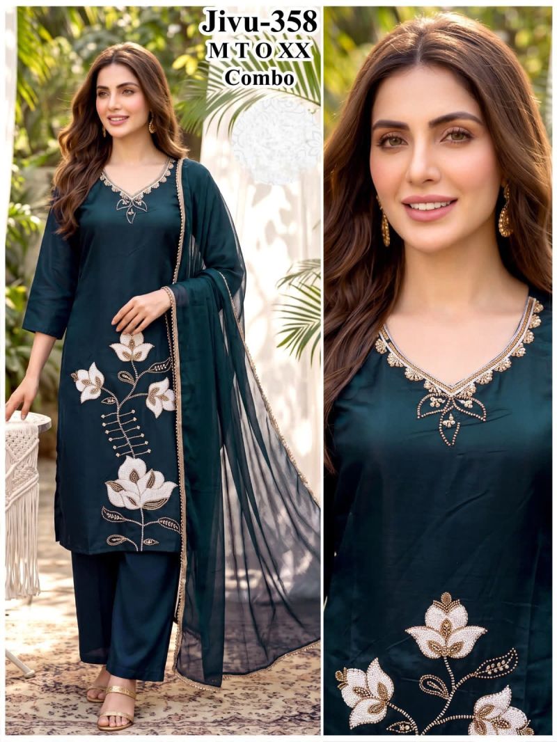 Jivu Combo Roman Glass Beads Worked Kurti Set