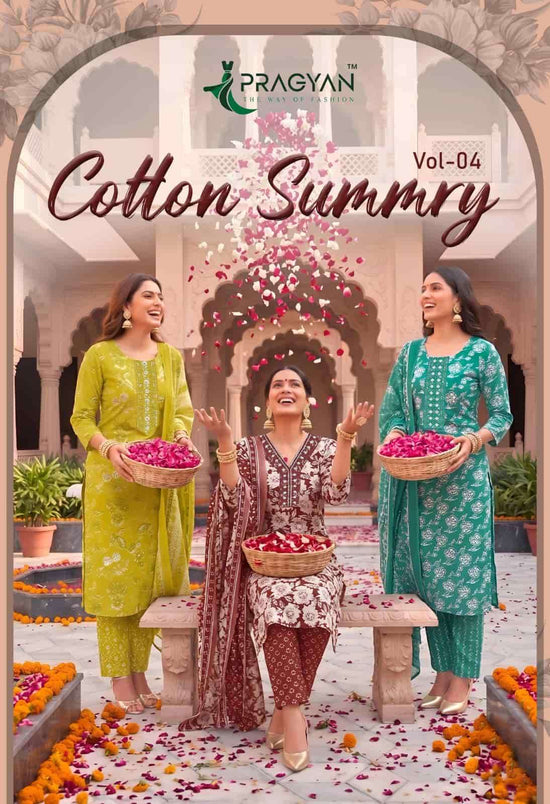 Pragyan Cotton Summry Vol 4 Printed Kurti Pant Dupatta Set - Amrah Wholesale