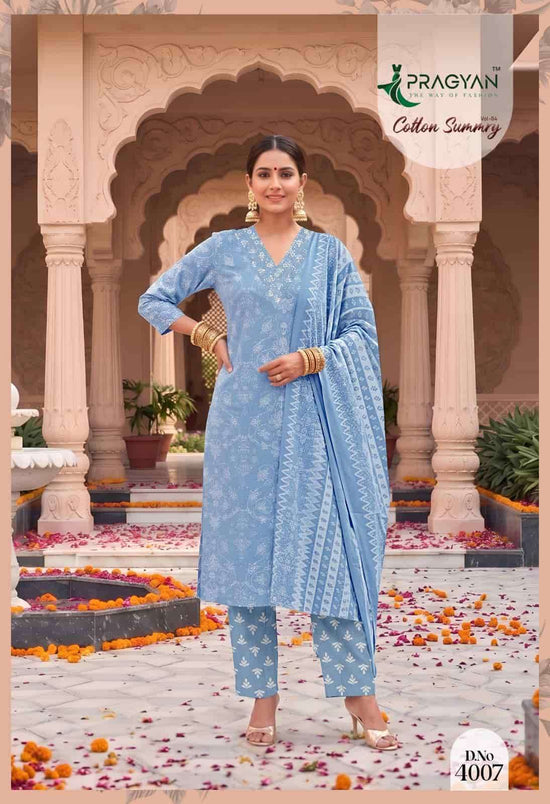 Pragyan Cotton Summry Vol 4 Printed Kurti Pant Dupatta Set - Amrah Wholesale