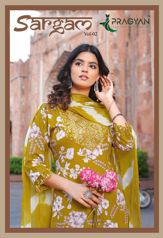 Pragyan Sargam Vol 2 Rayon Printed Kurti Pant Dupatta Set - Amrah Wholesale