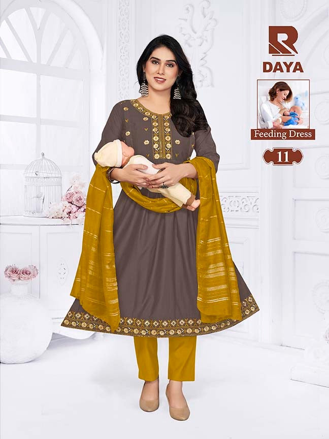 Raashi Daya Vertican Silk Embroidered Feeding Kurti Pant Dupatta Set