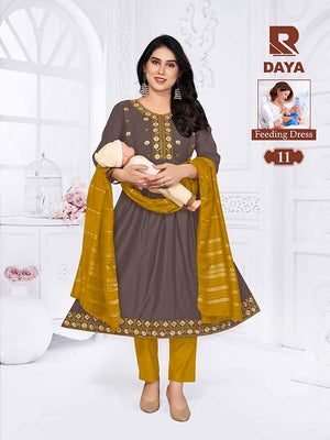 Raashi Daya Vertican Silk Embroidered Feeding Kurti Pant Dupatta Set